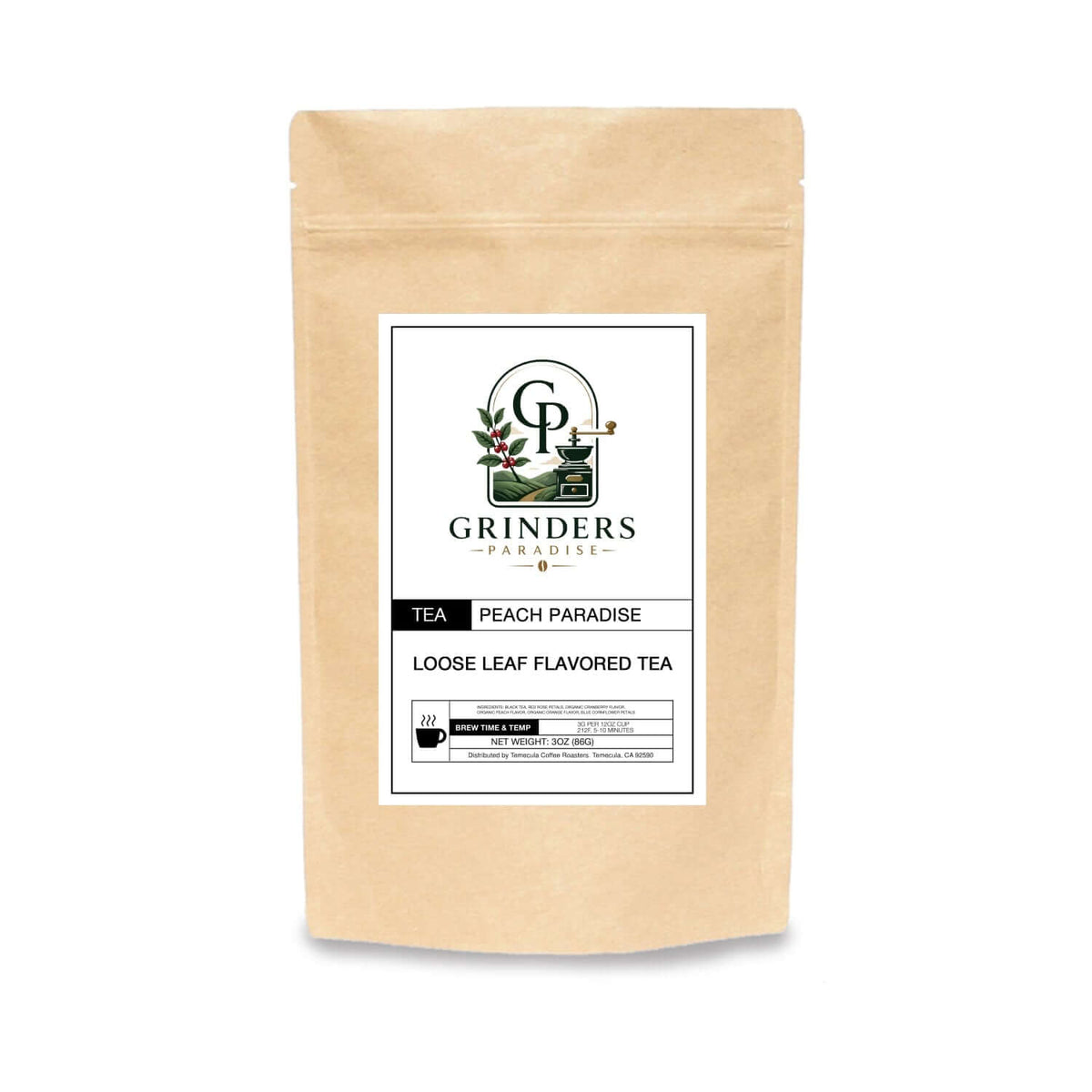 Fresh Peach Paradise herbal tea with peach, cranberry, and rose blend in a cup