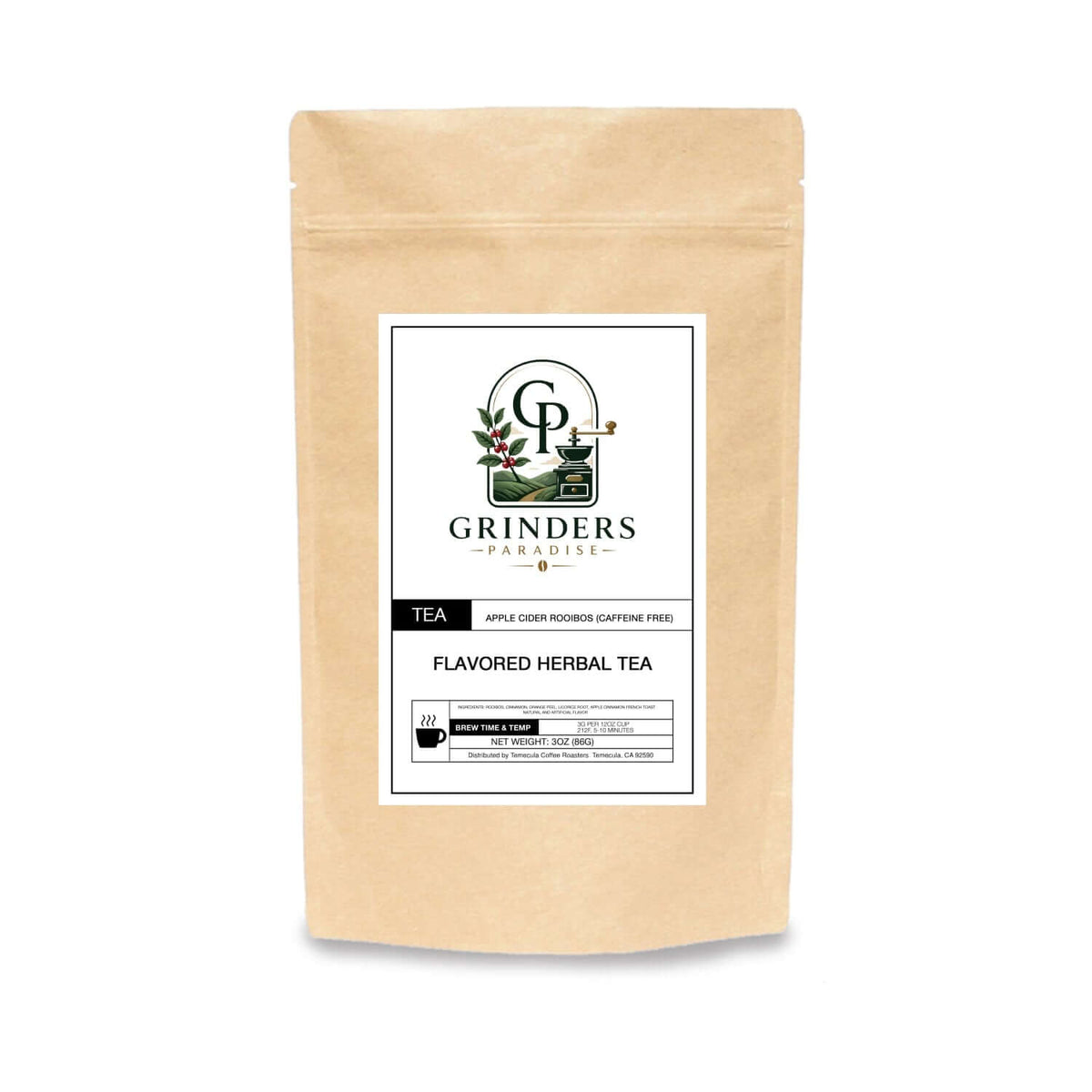 Cup of Apple Cider Rooibos tea with cinnamon and orange peel highlighting spicy, sweet, caffeine-free herbal blend